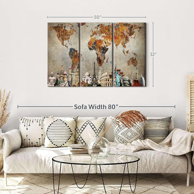 ElephantStock Rusty World Map Multi Piece Canvas - 3 Piece Canvas Wall Decor - Wall Decor - Ready-to-Hang Print - Vintage World Map Wall Art - 50" X 32"