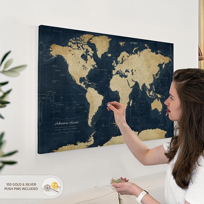 ElephantStock - Adventure Awaits World Map With Push Pins Wall Art - Horizontal Canvas Wall Art - Living Room Wall Decor - Digital Art Map Canvas Art - Gold And Blue Decor - 36" x 24"