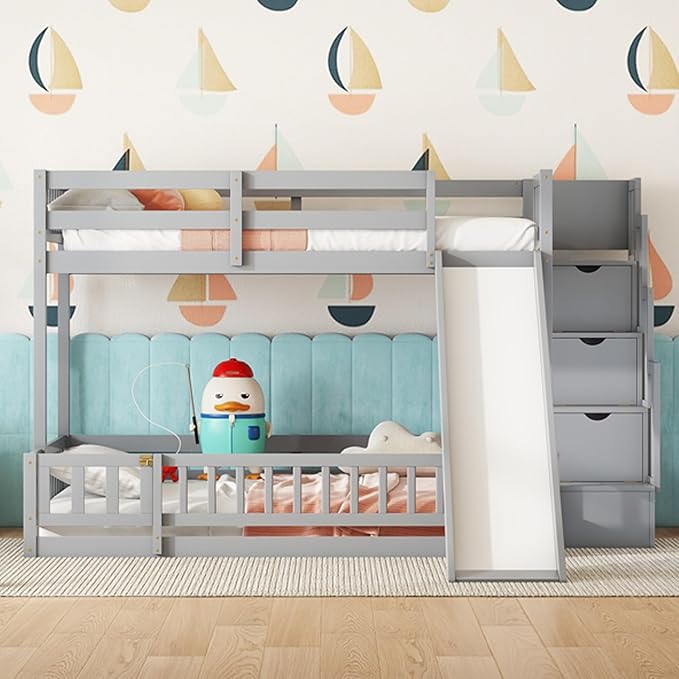 Twin Over Full Bunk Bed with Slide, Solid Wood Bunk Bed with Safety Guardrails and Storage Staircase for Kids Teens Boys Girls Bedroom, Space Saving Design (Grey-30c)