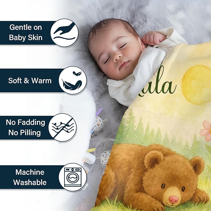 Ship Next Day Personalized Baby Blanket for Kids, Custom Baby Blanket with Name, Super Soft Flannel Blankets, Custom Bear Animal Blankets Baby Gifts for Christmas.