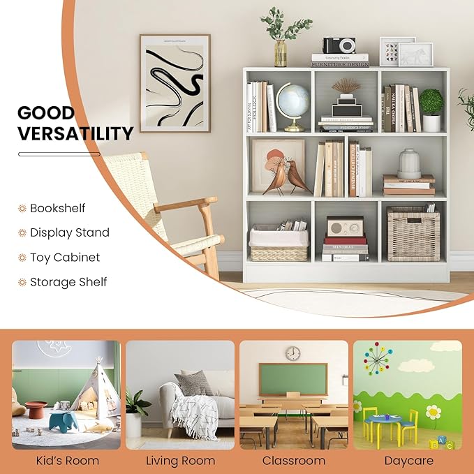 Costzon 8-Cube Bookshelf for Kids, Wooden Toy Storage Organizer w/ 2 Anti-Toppling Kits, 3 Tier Open Shelves & Non-Slip Foot Pads, Montessori Toy Shelf for Kids Rooms, Playroom, Classroom, Nursery