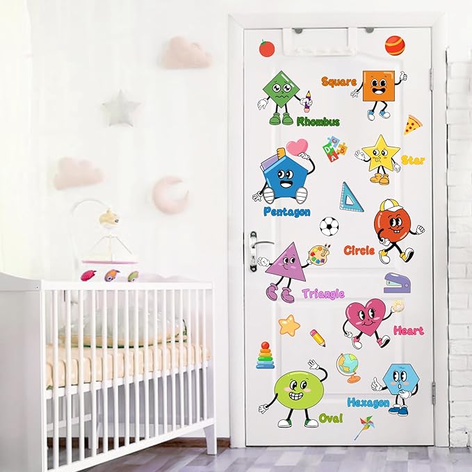 Mfault Kids Shapes Educational Wall Decals Stickers, Colorful Geometry Learning Baby Nursery Decorations Bedroom Art, Funny Boys Girls Toddlers Playroom School Classroom Daycare Library Home Decor