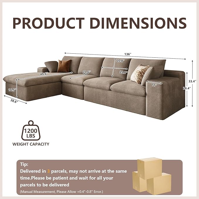 136 Inch Cloud Sectional Couch, Modern Modular Sectional Sofa with Deep Seat, Corduroy Boneless Couches with L-Shape Chaise for Living Room Bedroom, No Assembly Required (Camel, Left Facing Chaise)
