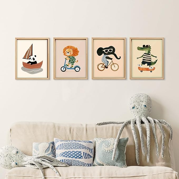 VONTP Kids Animal Nursery Wall Art Decor, Retro Lion Panda Crocodile Elephant Nursery Prints Poster Wall Decorations for Kids Nursery Toddler Room Bedroom Playroom, 8x10 Inch Set of 4 (Unframed)