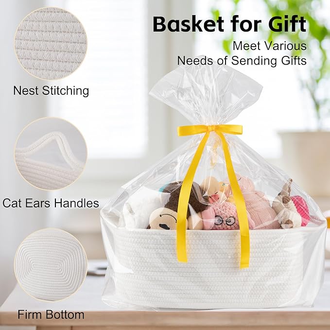 OIAHOMY 19L Woven Basket with Gift Bags and Ribbons, Gift Basket Empty for Baby Showers Birthday, Nursery Bin with Handles for Baby Room Living Room, Pet Toy Bins for Toy Organizer- White