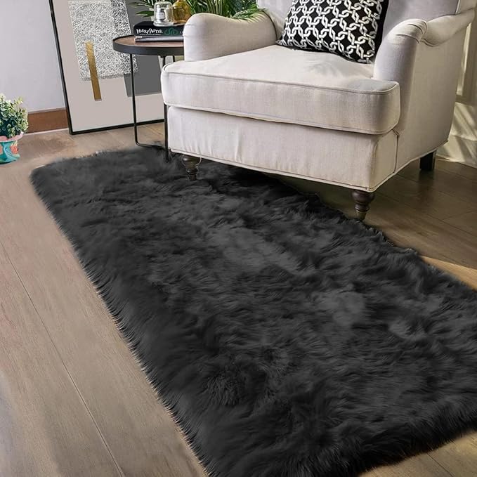 Latepis Black Runner Rug, 2x5 Washable Faux Sheepskin Bedroom Soft Fluffy Fur Area Rug for Sofa Cover Cushion Room Decor