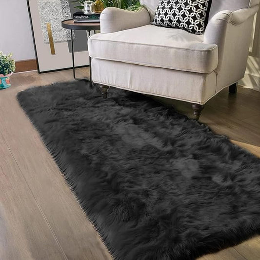 Latepis Black Runner Rug, 2x5 Washable Faux Sheepskin Bedroom Soft Fluffy Fur Area Rug for Sofa Cover Cushion Room Decor