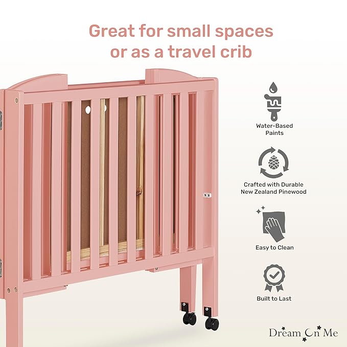 Dream On Me 2-in-1 Portable Folding Stationary Side Crib in Dusty Pink, Greenguard Gold Certified, Two Adjustable Mattress Height Positions,Made of Solid Pinewood, Flat Folding Crib