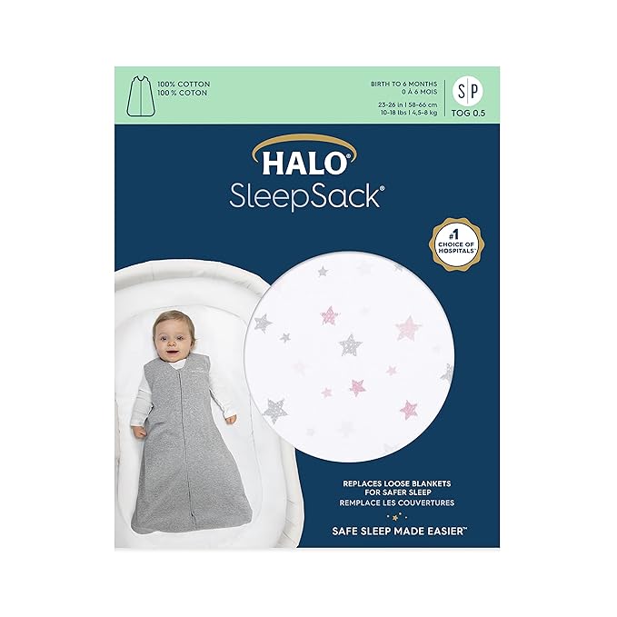 HALO SleepSack, 100% Cotton Wearable Blanket, Swaddle Transition Sleeping Bag, TOG 0.5, Twinkle Pink, Large, 12-18 Months