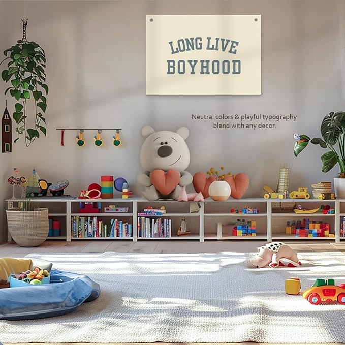 Long Live Boyhood Boys Room Decor - Linen Nursery Banner for Toddler Room Decoration, Farmhouse Kids Wall Hanging, Canvas Banner Flag for Baby Shower, Birthday Gift - A12