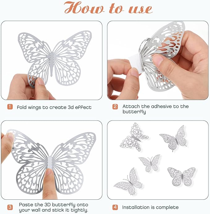 3D Silver Butterfly Wall Decor 3 Sizes 4 Styles Butterfly Party Decorations Cake Decorations Removable Stickers Wall Decor Room Mural Metallic Kids (Silver, 48Pcs)