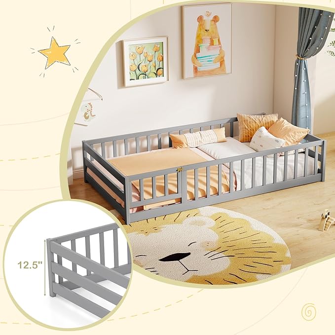 KOMFOTT Twin Size Wood Floor Bed with Door & Fence, Montessori Bed Frame with Full Length Safety Guardrails, Door & Latch, Wooden Montessori Floor Bed for Kids, Girls, Boys (Grey, Twin)