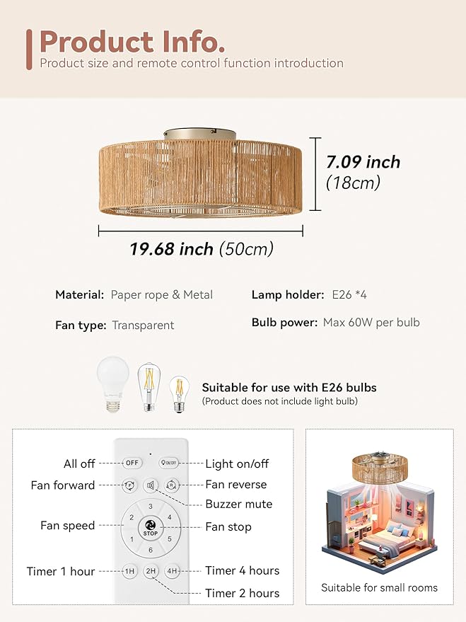 Ceiling Fans with Lights, 20" Boho Ceiling Fan with Light Flush Mount, Drum Rattan Low Profile with 6 Speeds, Remote Control for Bedroom, Nursery, Living Room (Yellow)