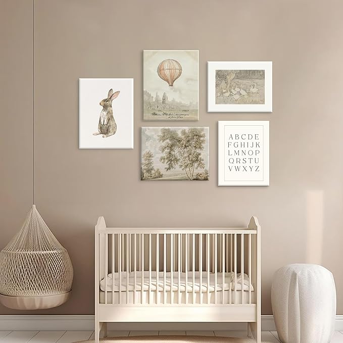 Vintage Nursery Wall Art Children Room Canvas Wall Decor Country Posters Botanical Prints Vintage Landscape Pictures Kids Child Wall Art Neutral Artwork for Playroom Bedroom 12x16x5 Inch Framed