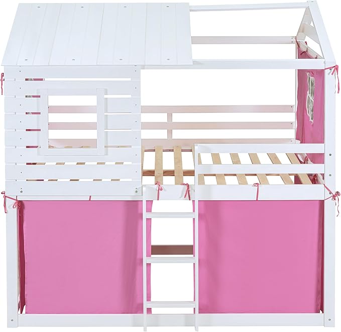 Full Size House Bed Tent Bed with Windows for Kids Teens Boys Girls, Solid Wood Bunk Bed Frame with Guardrails, Versatile Spacious Under Bed Space with Curtains (Pink-Tent Full)