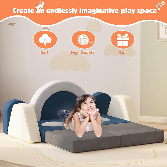 12 PCS Modular Kids Play Block Couch Child Sectional Soft Sofa Toddler Building Fortplay Climbing Bedroom Playroom Baby Convertible Floor Foam Cushion for Boys & Girls (Grey+Beige+Blue)