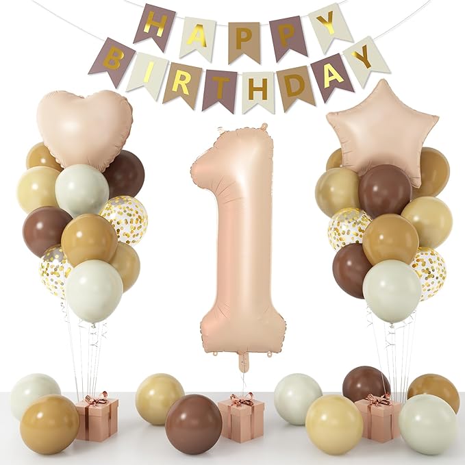 Brown Neutral 1st Birthday Decorations for Boys and Girls, Brown Beige Cream Balloons with 40 Inch Number 1 Foil Balloons Birthday Banner for 1 Year Old Boho Baby Shower Boho Party Decor