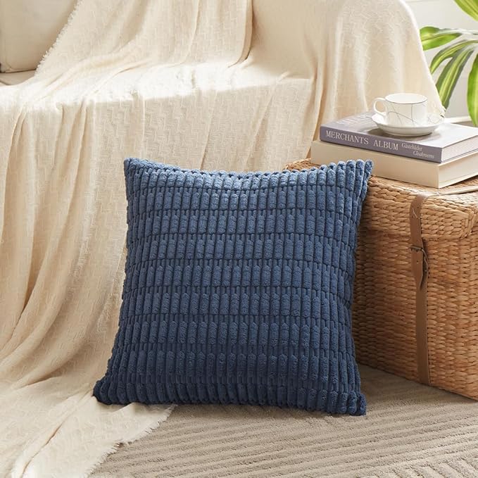 Fancy Homi 2 Packs Dusty Blue Decorative Throw Pillow Covers 20x20 Inch for Living Room Couch Bed Sofa, Rustic Farmhouse Boho Home Decor, Soft Striped Corduroy Square Cushion Case 50x50 cm