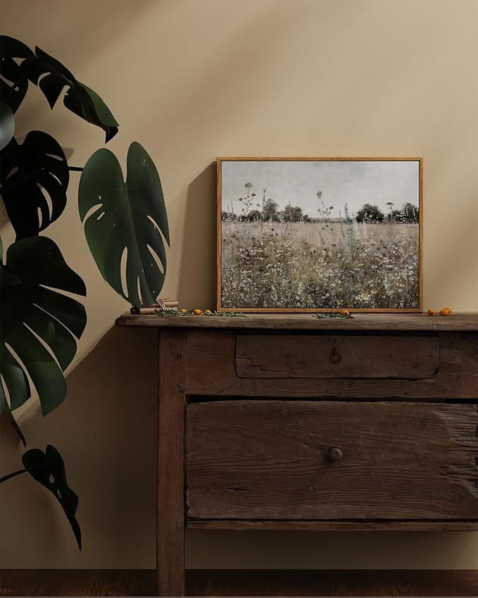 ARPEOTCY Vintage Framed Canvas Wall Art, 12x16inch, Classical Wildflowers Field Sky Farmhouse Pictures Wall Decor, Art Prints for Home Decor Aesthetic, Paintings for Living Room Office