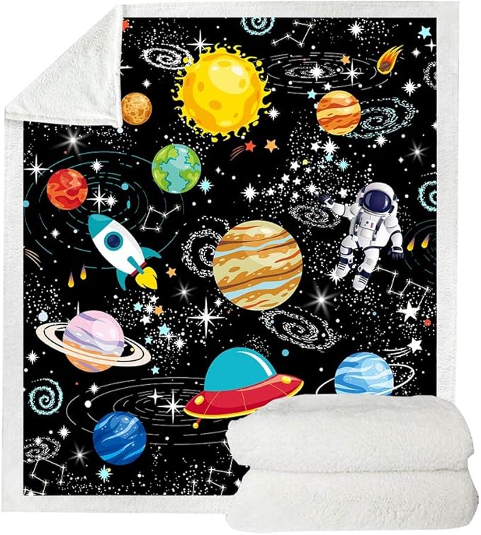 Outer Space Blanket for Boys - Constellation Solar System Fleece Ultra Soft Galaxy Rocket Planet Kids Gift for Birthday, Bed, Couch, Sofa, Living Room Decor