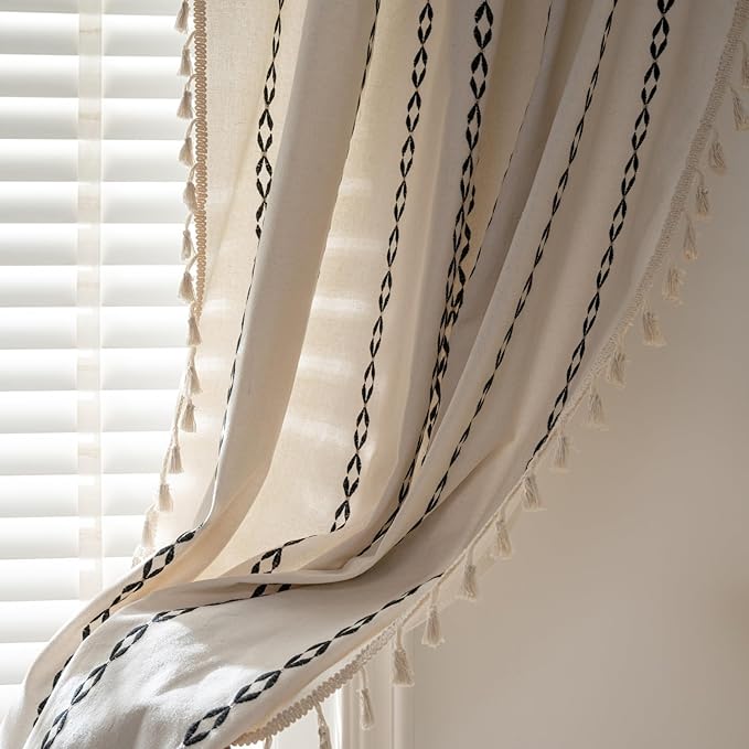 Deeprove White and Black Boho Curtains 72 inches Length for Living Room Bedroom Nursery, Chic Bohemian 72 inches Long, Stripe Embroidery Privacy Window Fringe Decoration W52 x L72, Single 1 Panel
