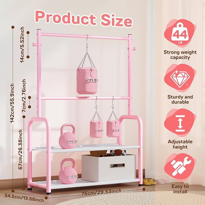 Kids Clothing Rack with 2-Layer Storage Shelf and 2 Adjustable Hanging Rods, Small Baby Closet Organizer for Hanging Clothes, Kids Dress Up Rack for Child (Classic, Pink)