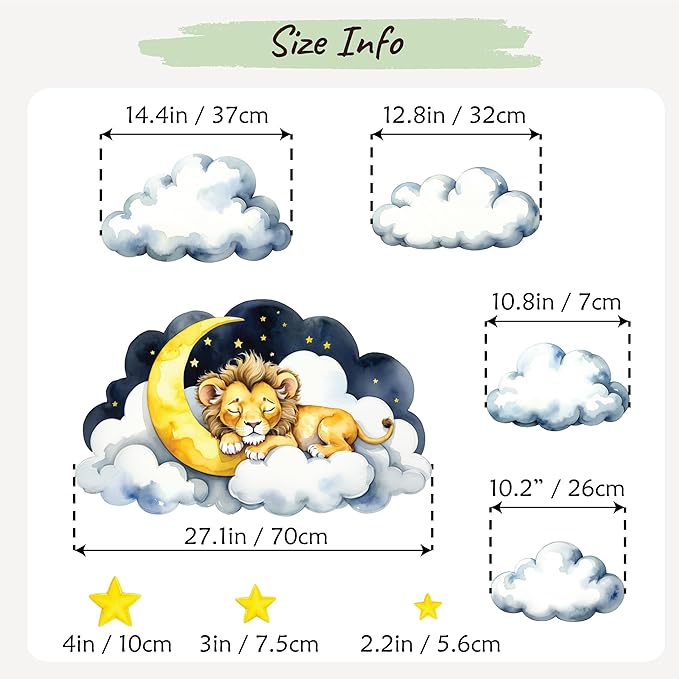 Boho Nursery Wall Decals - Dreamy Watercolor Lion Sleeping on Cloud | Multi-Piece Set with Clouds, Moon & Stars | Removable Fabric Wall Art for Kids Room