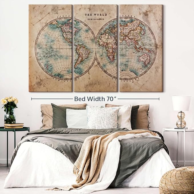 ElephantStock Hemisphere Map Wall Art Multi Piece Canvas - 3 Piece Canvas World Map Wall Decor - Wall Decor - Vintage Wall Art - 74" X 48"