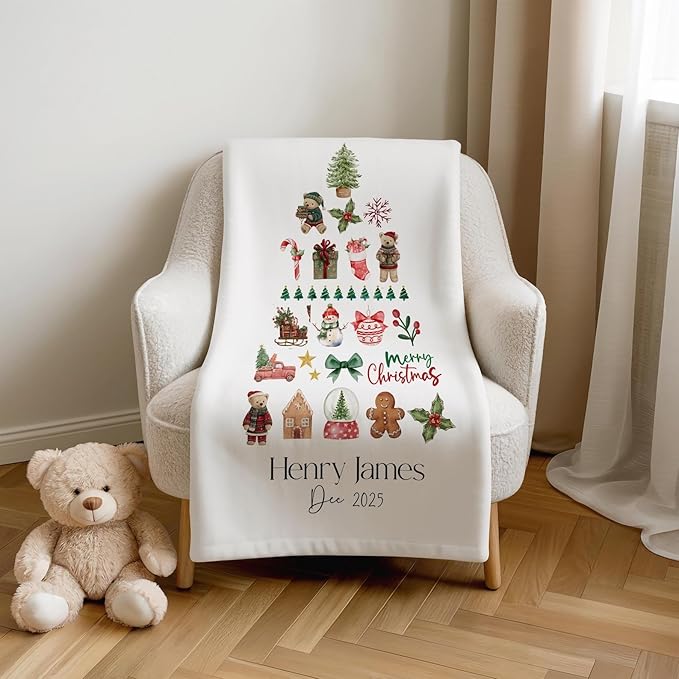 Personalized Baby's First Christmas Blanket, Custom Minimalist Elegant Baby Name Christmas Blanket, Soft Fleece Or Sherpa Throw, Baby Shower, Made in USA