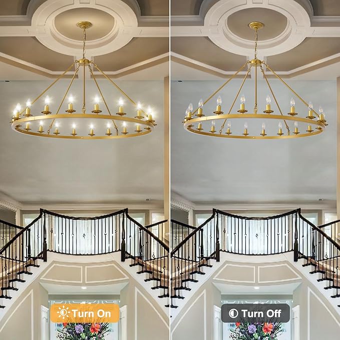 Wagon Wheel Chandelier, 20-Light Gold Round Modern Farmhouse Chandelier with Adjustable Height Hanging Island Light Fixture for High Ceiling Dining Room, Kitchen, Living Room, Entryways, Foyer