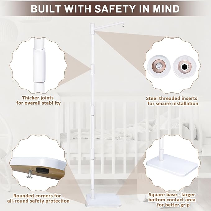 White Floor-Standing Crib Mobile Arm with Music Box - 65" Wooden Mobile Stand for Crib - 100% Beech Wood, 12 Lullabies, Volume Control - Rotating Crib Mobile Motor - Baby Mobile Hanger & Nursery Decor