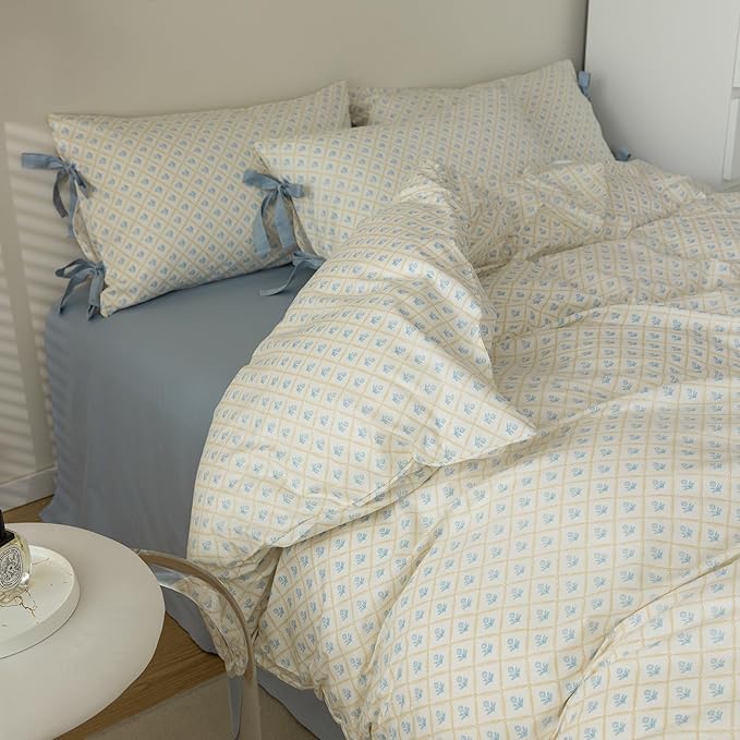 Girls Duvet Cover Twin Blue Floral Chic Bedding Set Soft Cotton 3 Piece with 2 Bow Ties Pillowcases Coquette Bedding Princess College Dorm Duvet Cover Set Twin Size for Teens French Country Style