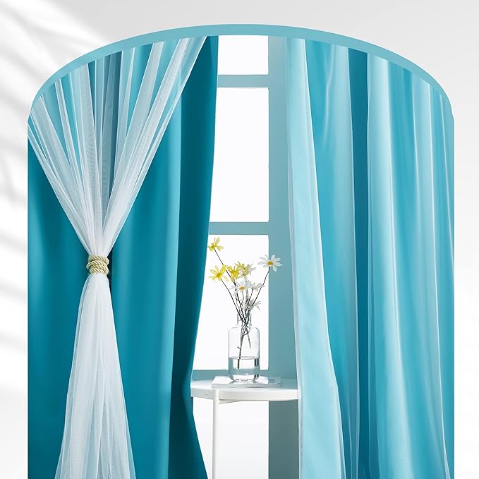 PONY DANCE Blackout Curtains 84 Inch Length - Layered Curtain Mix and Match Room Darkening Drapes with White Sheer Overlay Elegance Window Drapes with Tiebacks (One Pair, Teal Blue, 52 Inches Wide)
