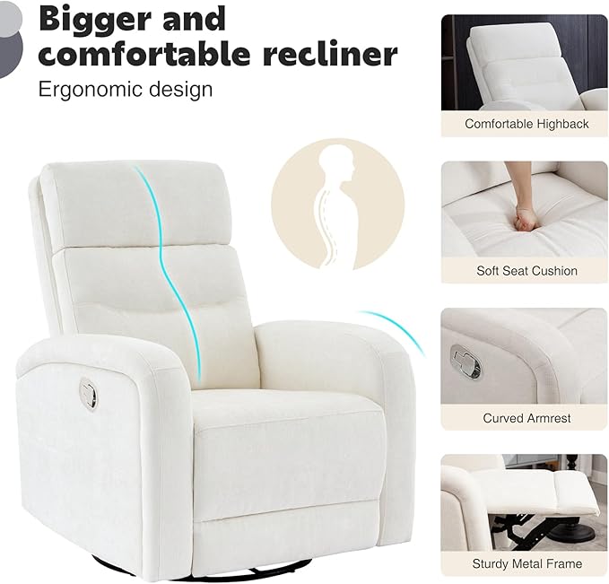 Swivel Rocker Recliner for Nursery, Upholstered Swivel Recliner Chairs, Glider Rocking Chairs Nursery Recliner, White Reclining Rocking Chairs for Living Room, Bedroom, Chenille Fabric