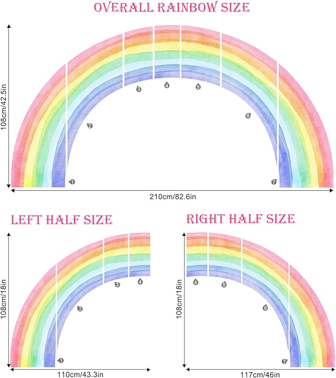 83"x43" Large Rainbow Wall Stickers, Mural Watercolor Half Rainbow Wall Decals Peel and Stick Vinyl Wall Art Decor for Girls Bedroom Kids Nursery Living Room Playroom Toddler