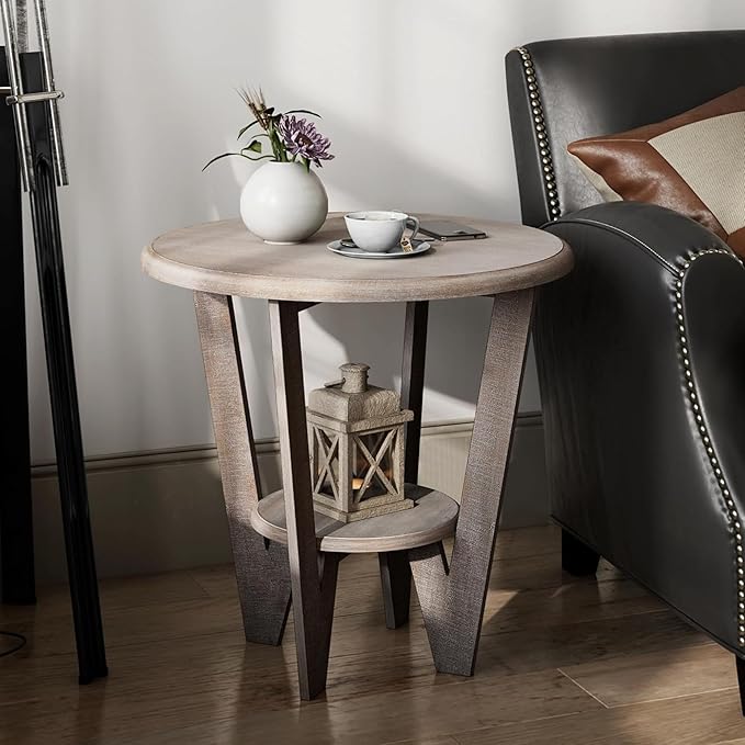Set of 2 Rustic Farmhouse end Table with Storage Shelf, French Country Accent Side Table for Family, Dinning or Living Room, Small Spaces, Modern, Round, Vintage Grey Finish