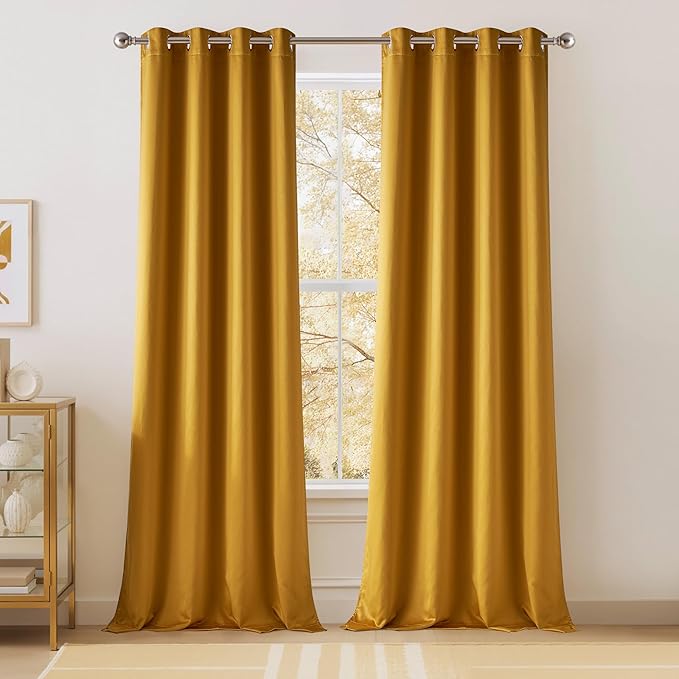 NICETOWN 100% Blackout Window Curtain Panels, Gold, 2 Pieces, 52" Wide Each Faux Silk Panel, Heat and Cold Blocking Drapes with Black Liner for Nursery, 84" Drop Thermal Insulated Draperies