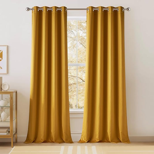 NICETOWN 100% Blackout Window Curtain Panels, Gold, 2 Pieces, 52" Wide Each Faux Silk Panel, Heat and Cold Blocking Drapes with Black Liner for Nursery, 84" Drop Thermal Insulated Draperies
