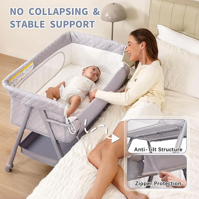 Bassinet Bedside Sleeper, Adjustable Height Baby Bassinet with Wheels, Easy Assemble & Folding Crib with Comfy Mattress, Breathable Mesh Bedside Bassinet for Infant Newborn (Grey)