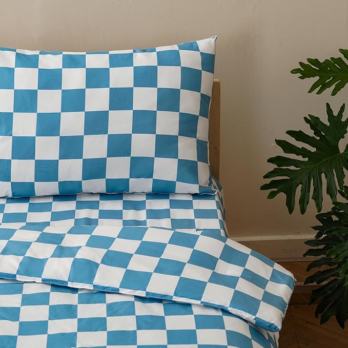 KAREVER Grid Toddler Bedding Set Blue White Checkered 4 Pieces Crib Bed Set Kids Pliad Comforter Set