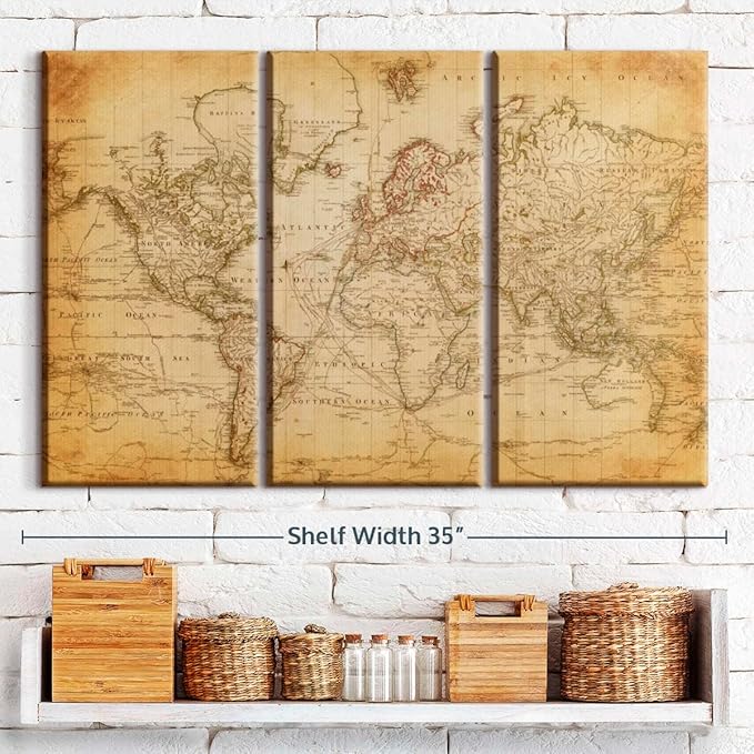 ElephantStock Old Century World Map Wall Art Multi Piece Canvas - 3 Piece Canvas World Map Wall Decor - Decor Ready-to-Hang Print - Vintage Wall Art - 33" X 20"