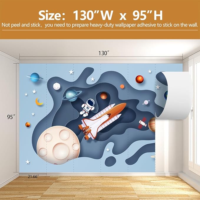Space Wallpaper for Boys Room Cartoon Planet Astronauts Wall Murals for Kids Room Bedroom（Not Peel and Stick）