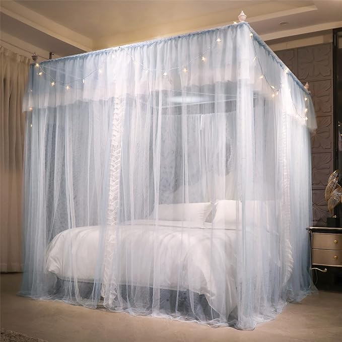 VETHIN 4 Corners Post Ruffle Princess Bed Canopy Curtain-Double Layer Cozy Drape Netting 4 Opening Mosquito Net for Girls Adults Bedroom Decoration (Gray/White,59" W*82" L*82"*H/Queen)