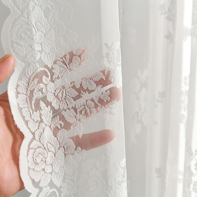 Kotile Ivory Lace Curtains 72 Inches Long 2 Panels, Country Rustic Floral Design Sheer Lace Curtains for Living Room, Rod Pocket Privacy Window Lace Curtain Panels, 42 x 72 Inch Each, Ivory