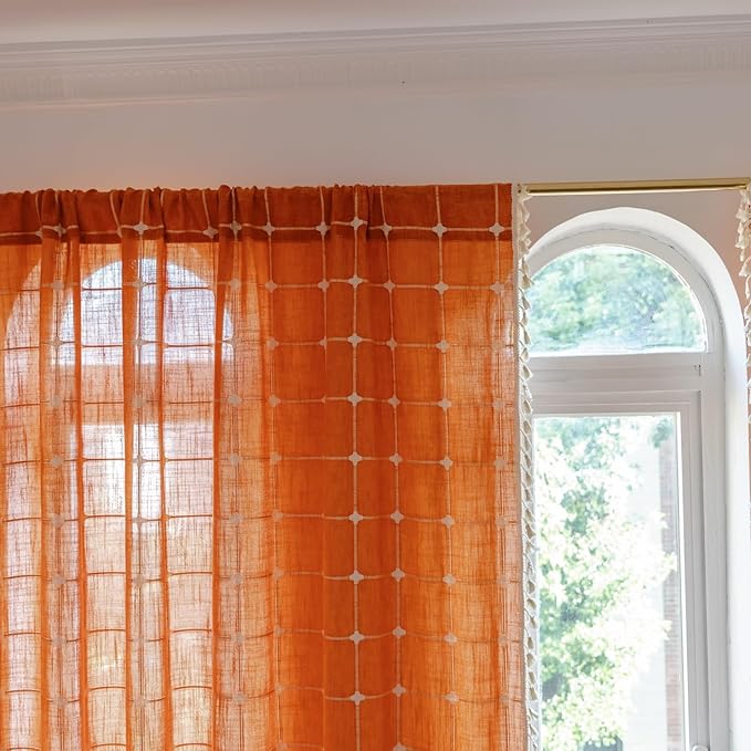 Deeprove Boho Curtains 96 Inches Long for Bedroom Living Room, Cotton Linen Plaids Textured Semi Blackout Bohemian Farmhouse Fall Window Treatment Grids Drape Tassels, 1 Panel W52 x 96, Burnt Orange