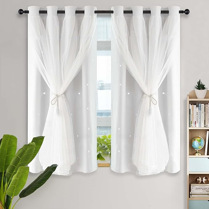 Kinryb Blackout Small Curtains for Girl Living Room/Classroom, Sheer Overlay 2 Free Tiebacks, Double Layer Curtains with Star Cutout for Kids Room(W 52 x L 45 Inches,Greyish White 2 Pcs)