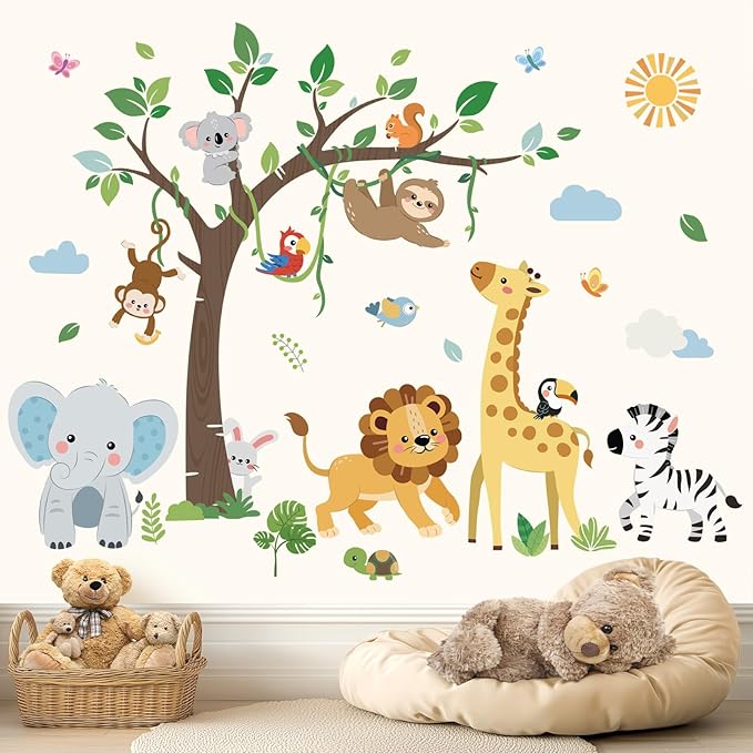 decalmile Jungle Animals Tree Wall Decals Safari Baby Animals Giraffe Elephant Lion Monkey Wall Stickers Living Room Baby Nursery Kids Room Wall Decor
