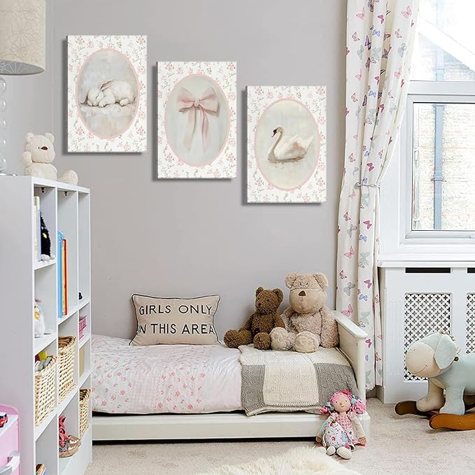 3Pcs Pink Vintage Nursery Canvas Wall Art Cute Animal Rabbit Swan Bow Flower Posters Prints Baby Girl Room Picture Wall Decor for Girls Room Bedroom Decorations Ready To Hang