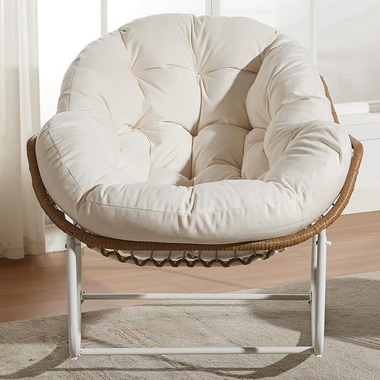 Oversized Outdoor Papasan Rocking Chair with Soft Cushion, Comfy Patio Egg Chair, Wicker Lounge Rocker for Balcony/Porch/Garden, Reinforced All Weather Rattan Frame, 330 lbs Support, Cream