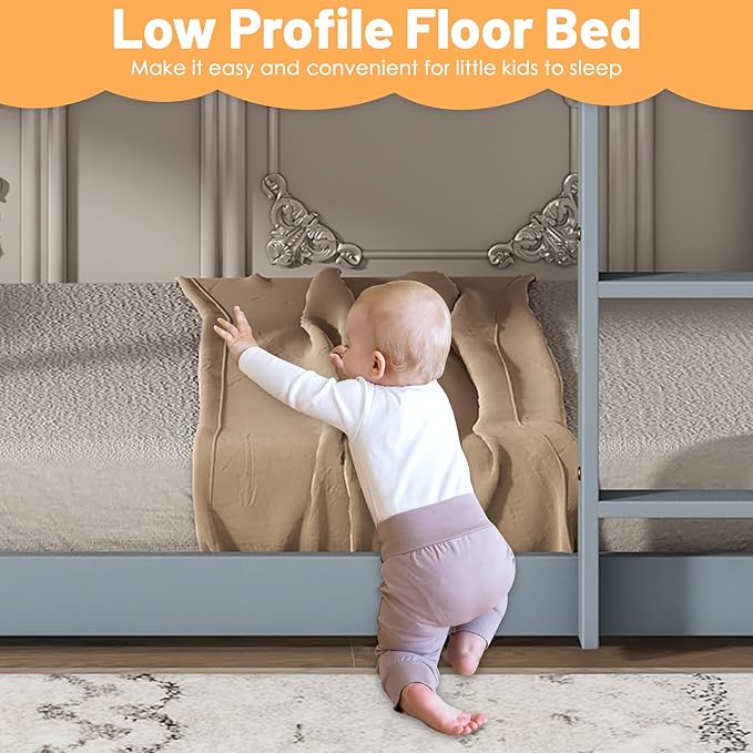 Bunk Bed Twin Over Twin, Wood Low Profile Floor Twin Bunk Beds with Ladder Guardrails for Kids Boys and Girls, No Box Spring Needed